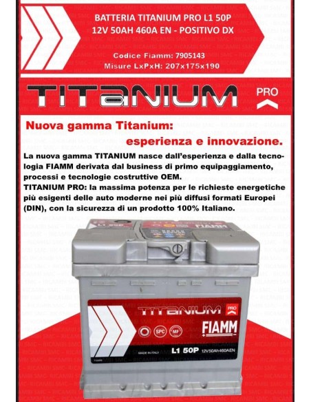 Batteria FIAMM Titanium, per auto, 12V 50Ah 460A.