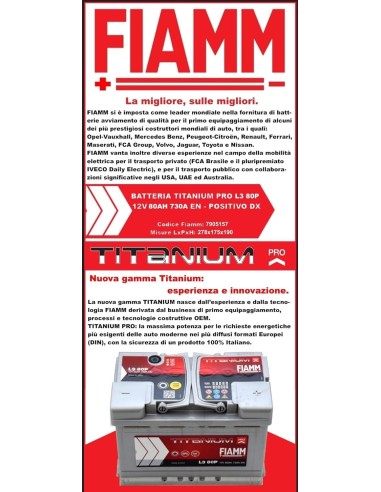 BATTERIE AUTO FIAMM 12V 80AH 730A - L3 80P - 7905157